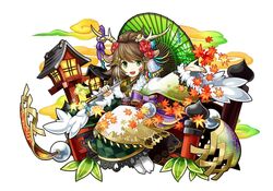  animal_ears antlers bad_link brown_hair deer_ears female green_eyes horns ikeya_(higumake) kano_(p&amp;d) long_hair looking_at_viewer official_art oil-paper_umbrella open_mouth puzzle_&amp;_dragons smile solo umbrella wide_sleeves 