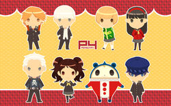  3boys 4girls :&lt; amagi_yukiko black_hair brown_hair cabbie_hat chibi commentary hairband hanamura_yousuke hat jacket jacket_on_shoulders kujikawa_rise kuma_(persona_4) multiple_boys multiple_girls narukami_yuu orange_hair pantyhose persona persona_4 photoshop_(medium) reverse_trap saeuchobab satonaka_chie scar school_uniform shirogane_naoto skirt tatsumi_kanji thighhighs twintails white_hair 