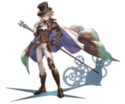  1boy alpha_transparency ascot blonde_hair blue_eyes cape card chat_noir_(granblue_fantasy) different_shadow feline full_body gears gloves granblue_fantasy hat male_focus minaba_hideo monocle official_art short_hair solo top_hat transparent_background white_gloves 