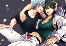  2boys abs arm_around_neck blue_hair commentary_request earrings glasses green_hair hand_on_another&#039;s_head highres inumuta_houka jewelry kill_la_kill male_focus multiple_boys muscular necklace on_lap sanageyama_uzu underwear yaoi yunkru 