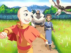  4:3 aang appa_(avatar) avatar:_the_last_airbender bald blue_eyes bovid bovine brown_hair choker clothing day dress female feral flower flying footwear front_view fur grass green_eyes grey_eyes group hair horn human human_focus interspecies jewelry katara kichigai long_ears looking_aside male mammal momo_(avatar) necklace nickelodeon not_furry_focus nude outside plant primate reins riding shoes size_difference sky sky_bison smile sokka tan_body tan_skin tattoo walking winged_lemur young 