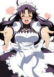  apron blush breasts brooch closed_eyes commentary_request female frills glasses gundam gundam_build_fighters gundam_build_fighters_amazing heart highres jewelry kuramochi_yana large_breasts long_hair maid maid_apron maid_headdress miyabi_(miura105) nose_blush open_mouth outstretched_arms purple_hair reaching reaching_towards_viewer rimless_eyewear solo 