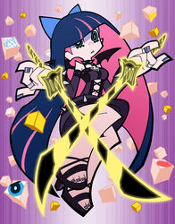  alternate_costume aqua_eyes bad_id bad_pixiv_id bow dark_persona demon_wings dual_wielding female holding long_hair multicolored_hair nail_polish official_style panty_&amp;_stocking_with_garterbelt panty_(psg) purple_nails solo spoilers stocking_(psg) two-tone_hair wings yuuya_(yu-ya&#039;s) 