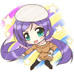  air_hockey air_hockey_mallet air_hockey_puck beret chibi commentary_request endori female green_eyes hat long_hair love_live! love_live!_school_idol_project low_twintails lowres open_mouth orange_shirt photoshop_(medium) purple_hair shirt smile solo sweater thighhighs tojo_nozomi twintails 