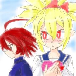  adell adell_(disgaea) blonde_hair blush disgaea disgaea_2 lowres makai_senki_disgaea_2 red_eyes red_hair rozalin school_uniform 