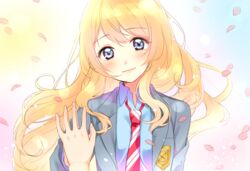  blonde_hair blue_eyes blush commentary_request female highres long_hair miyazono_kawori necktie nerunnn out_of_frame petals pov pov_hands school_uniform shigatsu_wa_kimi_no_uso solo_focus 