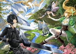  1boy 2girls anklet bad_id bad_pixiv_id barefoot black_eyes black_gloves black_hair black_iron_great_sword blonde_hair blue_sky braid branch breasts brown_footwear citemer cleavage closed_mouth cloud cloudy_sky day dress energy fairy fairy_wings flower flower_on_head flying full_body giant_tree gloves green_dress green_eyes grey_eyes grey_wings hair_flower hair_ornament highres holding holding_sword holding_weapon jewelry kirito kirito_(sao-alo) landscape leaf leafa long_hair long_legs long_sleeves magic medium_breasts multiple_girls multiple_wings open_mouth outdoors outstretched_arm outstretched_arms pink_flower pointy_ears ponytail river scenery short_hair shorts sky spread_wings sword sword_art_online teeth thighhighs transparent_wings tree twin_braids upper_body upper_teeth_only water weapon white_dress white_legwear white_sleeves white_wings wings yggdrasil_(sao) yui_(sao) yui_(sao-alo) 