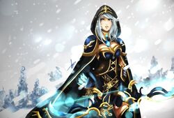  armor armored_dress arrow_(projectile) ashe_(league_of_legends) bow bow_(weapon) brooch cape cowboy_shot female fir_tree gem green_gemstone hannah_santos hood hoodie jewelry league_of_legends looking_at_viewer motion_blur plant signature snow snowstorm solo standing tree watermark weapon white_hair 