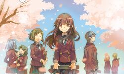  2boys 5girls awara_chikako black_hair brown_eyes brown_hair cherry_blossoms diploma flower ga_geijutsuka_art_design_class graduation kiyuzuki_satoko long_hair long_sleeves maruoka_nao mitsui_yuuko mizubuchi multiple_boys multiple_girls noda&#039;s_older_sister school_uniform scroll short_hair uozomi wakami_(ga) 