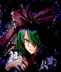  bad_id bad_pixiv_id dark female green_hair hair_over_one_eye hair_ribbon kagiyama_hina musupon214 portrait red_eyes ribbon solo touhou 