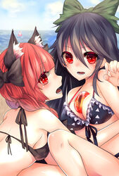  3girls animal_ears back bad_id bad_pixiv_id bikini black_bikini black_hair blue_sky bow braid breasts cat_ears cleavage cloud day green_bow hairbow highres innertube kaenbyou_rin komeiji_satori looking_at_viewer looking_back medium_breasts multiple_girls open_mouth outdoors pink_hair red_eyes red_hair reiuji_utsuho senshuu_kou shochuumimai sky swim_ring swimsuit third_eye touhou twin_braids water 