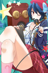  alternate_costume antique_phone beret commentary_request corded_phone crossed_legs female hat hat_ribbon mole mole_under_eye mouth_hold nisekoi one_eye_closed phone pink_socks plaid plaid_skirt red_eyes ribbon rotary_phone short_hair skirt socks solo star_(symbol) suspenders talking_on_phone total9 tsugumi_seishirou 