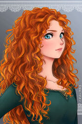  absurdres artist_name blue_eyes blush brave_(pixar) collarbone commentary curly_hair english_commentary female freckles highres long_hair looking_at_viewer mari945 merida_(brave) messy_hair orange_hair sidelocks solo upper_body 