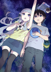  1boy ahoge bad_id bad_pixiv_id binoculars black_hair black_legwear blue_eyes casual cup d: denim denim_skirt female grey_hair hair_ornament hair_tubes hairband holding kannagi lantern long_hair looking_up lying mikuriya_jin mug nagi_(kannagi) open_mouth pointing purple_eyes shirt skirt sky star_(sky) stargazing starry_sky takenashi_eri teacup thighhighs zettai_ryouiki 