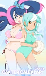  2013 2girls amber_eyes arm_grab ball big_breasts bikini bon_bon bonbon_(my_little_pony) breasts cover cover_page green_eyes green_hair hair_ornament hair_ribbon holding large_breasts leg_up long_hair lyra_heartstrings multicolored_hair multiple_girls my_little_pony my_little_pony_friendship_is_magic one-piece_swimsuit one_leg_up personification ponytail ribbon slippers smile swimsuit twintails two-tone_hair very_long_hair volleyball wink yellow_eyes 