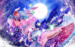  bug butterfly commentary_request female folding_fan foreshortening full_moon hand_fan hat highres japanese_clothes light_particles moon open_mouth photoshop_(medium) pink_eyes pink_hair ribbon saigyouji_yuyuko sash shippou_(pattern) short_hair smile solo touhou triangular_headpiece umami_(sakeikura) wide_sleeves 