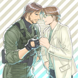  2boys bacher black_gloves brown_hair commentary_request diagonal_stripes english_text eye_contact facial_hair fingerless_gloves fist_bump friends from_side glasses gloves hal_emmerich iroquois_pliskin lab_coat looking_at_another male_focus metal_gear_(series) metal_gear_solid_2:_sons_of_liberty multiple_boys photoshop_(medium) solid_snake striped striped_background stubble uniform 