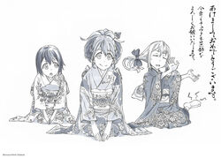  3girls akeome cramp daitoku_junna floral_print furisode greyscale hair_ornament happy_new_year japanese_clothes kanzashi kimono koujiro_frau looking_at_viewer monochrome multiple_girls new_year obi official_art robotics;notes sash seiza senomiya_akiho simple_background sitting tabi white_background 