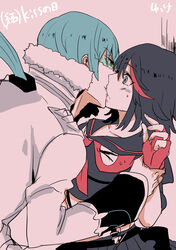  1boy black_hair blue_hair commentary_request female fingerless_gloves glasses gloves highres holding_another&#039;s_wrist inumuta_houka kill_la_kill kissing matoi_ryuuko school_uniform senketsu serafuku straight yunkru 