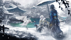  2boys animal architecture armor bird black_gloves blue_hair commentary_request crane_(animal) east_asian_architecture fence fur_trim gloves grass grey_sky hair_ribbon hakama hakama_skirt haori highres holding holding_umbrella ice_(805482263) japanese_armor japanese_clothes katana male_focus mikazuki_munechika multiple_boys oil-paper_umbrella on_ground outdoors photoshop_(medium) ribbon sitting skirt sky snow snowing stairs sword touken_ranbu tree tsurumaru_kuninaga umbrella walking weapon white_hair wooden_fence 