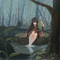  barefoot black_hair commentary_request eco_(soukoku) female forest horns iguana japanese_clothes kimono long_hair looking_at_viewer nature oni original outdoors short_kimono sitting soaking_feet solo tree water 