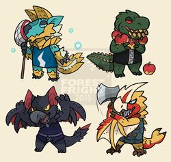  2015 animal_crossing axe blue_eyes brute_wyvern capcom crossover deviljho fanged_wyvern flying_wyvern forestfright melee_weapon monster_hunter nargacuga nintendo open_mouth pseudowyvern red_eyes scales scalie seregios simple_background tongue weapon yellow_eyes zinogre 