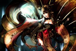  ahri_(league_of_legends) animal_ears black_hair braid breasts cleavage dress female fox_ears fox_tail hair_ornament hair_stick hannah_santos league_of_legends long_hair long_sleeves looking_at_viewer medium_breasts outstretched_arm red_dress solo tail twin_braids upper_body very_long_hair 