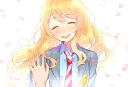  blonde_hair blush closed_eyes commentary_request female highres long_hair miyazono_kawori necktie nerunnn out_of_frame petals pov pov_hands school_uniform shigatsu_wa_kimi_no_uso solo_focus 