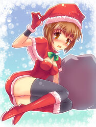  brown_eyes brown_hair commentary elbow_gloves female gloves hagiwara_yukiho idolmaster idolmaster_(classic) panties pantyshot photoshop_(medium) red_gloves ryusei2u sack santa_costume short_hair solo tears thighhighs underwear 