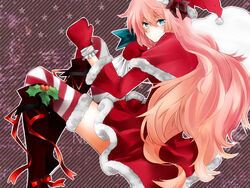  boots commentary_request female gloves hat long_hair megurine_luka photoshop_(medium) pink_hair red_gloves santa_costume santa_hat skirt smile solo suzuran_nanaki thighhighs vocaloid 