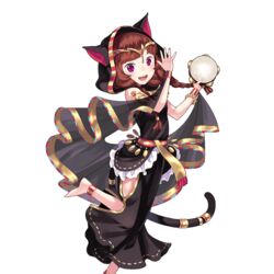  :d animal_ears animal_hood anklet arabian_clothes armlet artist_request bare_shoulders barefoot black_dress blush bracelet braid breasts brown_hair cat_ears cat_hood cat_tail circlet dress fake_animal_ears female forehead_jewel frills from_side full_body gem hair_over_shoulder hair_tie hands_up happy hip_vent holding holding_instrument hood instrument jewelry leg_lift leg_up long_hair looking_at_viewer looking_back official_art open_mouth parted_bangs purple_eyes red_gemstone ribbon-trimmed_dress ribbon_trim round_teeth sash see-through shawl side_slit sleeveless sleeveless_dress small_breasts smile solo standing standing_on_one_leg striped tail tail_ornament tail_ring tambourine teeth transparent_background twin_braids uchi_no_hime-sama_ga_ichiban_kawaii vertical_stripes wednesday_(uchi_no_hime-sama) 