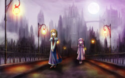  2girls aihashi_i alice_margatroid bad_id bad_pixiv_id blonde_hair blue_bow blue_dress blue_eyes bow bridge brown_footwear capelet closed_mouth crescent dress hairband hairbow hat hat_ornament lamp long_dress long_sleeves looking_ahead makai_(touhou) mary_janes moon multiple_girls outdoors patchouli_knowledge photoshop_(medium) pink_dress pink_headwear purple_hair red_bow red_hairband scenery shoes socks touhou walking white_capelet white_socks wide_shot 