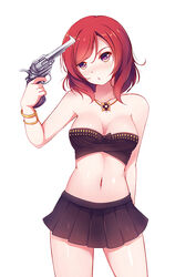  :o bandeau bare_arms bare_shoulders black_skirt blush bracelet breasts cleavage collarbone commentary_request derivative_work dream_trigger euforia female finger_on_trigger gun gun_to_head head_tilt holding holding_gun holding_weapon jewelry looking_at_viewer love_live! love_live!_school_idol_project medium_breasts midriff navel necklace nishikino_maki parted_lips photo-referenced pile_(voice_actor) pleated_skirt purple_eyes red_hair short_hair simple_background skirt solo standing stomach strapless voice_actor_connection weapon white_background 