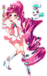  absurdres boots bow brooch choker chypre_(heartcatch_precure!) commentary_request cure_blossom eyelashes female flower_tact hanasaki_tsubomi heart heart_brooch heartcatch_precure! high_ponytail highres hoshika_ranoe jewelry knee_boots magical_girl photoshop_(medium) pink_bow pink_eyes pink_hair pink_theme precure red_choker solo_focus 