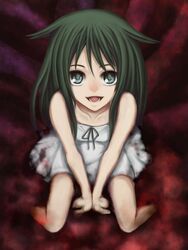  bare_shoulders blood blurry commentary_request deni_m dress female flat_chest foreshortening green_eyes green_hair highres long_hair ribbon saya_(saya_no_uta) saya_no_uta sitting smile solo sundress very_long_hair 