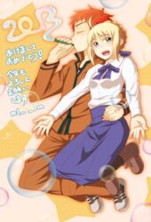  1boy 2013 ahoge arm_around_waist blonde_hair bubble bubble_blower bubbles closed_eyes couple emiya_shirou fate/stay_night fate/zero fate_(series) female green_eyes hair_bun hairbun highres jump jumping long_skirt longerthan red_hair saber school_uniform shirt skirt uniform 