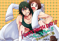  1boy brown_hair carrying commentary_request female green_hair grin happy_birthday kill_la_kill mankanshoku_mako oversized_clothes piggyback sanageyama_uzu smile yunkru 