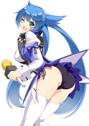  ;d ahoge aqua_eyes arm_ribbon ass black_panties blue_hair bow commentary_request deal facial_mark female from_behind highres juliet_sleeves leaning_forward long_hair long_sleeves looking_at_viewer looking_back microphone miyabi_(miura105) one_eye_closed open_mouth panties phantasy_star phantasy_star_online_2 pleated_skirt puffy_sleeves ribbon side-tie_panties simple_background skirt smile solo star_(symbol) thighhighs twintails underwear very_long_hair white_background white_thighhighs 