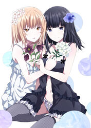  2girls azalea_(flower) babydoll bare_arms black_babydoll black_hair blue_eyes blue_flower brown_eyes brown_flower brown_hair commentary_request cover cover_page flower hair_flower hair_ornament highres holding holding_flower kamchatka_lily long_hair looking_at_viewer mole mole_under_eye multiple_girls navel original panties photoshop_(medium) purple_flower shichouson sleeveless smile thighhighs underwear violet_(flower) white_flower yuri 