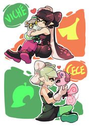  +_+ 2girls animal_crossing ankle_boots black_dress black_hair boots brown_eyes callie_(splatoon) callie_(splatoon)_(cosplay) cece_(animal_crossing) commentary cosplay crossover detached_collar dress earrings english_commentary food food_on_face food_on_head full_body gloves gomipomi green_legwear grey_hair heart holding hug indian_style inkling jewelry light_smile long_hair looking_at_another looking_at_viewer marie_(splatoon) marie_(splatoon)_(cosplay) mole mole_under_eye multiple_girls object_on_head pantyhose pointy_ears purple_legwear short_dress short_hair short_jumpsuit sitting splatoon_(series) splatoon_1 squirrel strapless strapless_dress tail tail_wagging tentacle_hair viche_(animal_crossing) white_gloves 