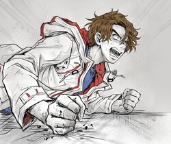  1boy angry bad_id bad_pixiv_id brown_hair clenched_hands crosshatching hatching_(texture) hood hoodie jewelry kamen_rider kamen_rider_drive_(series) male_focus mitsuru_(91000) necklace open_mouth shijima_gou solo 