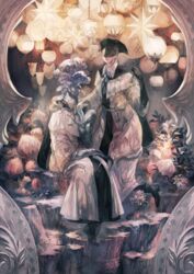  bell blindfold bloodborne boots chain_belt covered_eyes creature doctor female flower from_software gloves hat lantern long_sleeves plant ribbon robe shawl sitting tentacle the_old_hunters tricorne white_robe yso_ac 