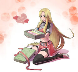  armor blonde_hair blue_eyes blush boots box commentary_request copyright_name crop_top dango densetsu_no_yuusha_no_densetsu female ferris_eris food full_body heart long_hair midriff navel ribbon shiroton_(kazamineko) sitting solo thigh_boots thighhighs very_long_hair wagashi wariza 