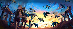  1boy aqua_eyes aqua_hair bespectacled bird blonde_hair cloud commentary_request female flock glasses hatsune_miku headphones headset highres holding_hands kagamine_len long_hair mizukai open_mouth photoshop_(medium) scenery skirt sky sun thighhighs twintails very_long_hair vocaloid zettai_ryouiki 