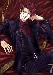  1boy alternate_costume jacket kaoru male_focus necktie pinstripe_pattern pinstriped_suit pixiv_thumbnail red_hair red_hair resized short_hair smile solo umineko_no_naku_koro_ni ushiromiya_battler 