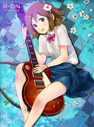  :d ahoge barefoot between_thighs blush bow brown_eyes brown_hair casual checkered_floor commentary_request female flower guitar hair_flower hair_ornament hairclip hirasawa_yui instrument k-on! legs lying open_mouth petals photoshop_(medium) shade shigureteki short_hair skirt smile solo wristband 