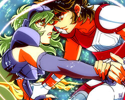  1boy :o amada armor artist_name brown_eyes brown_hair closed_mouth commentary_request couple eye_contact female fingernails from_side green_eyes green_hair looking_at_another nail_polish open_mouth ophiuchus_shaina pegasus_seiya profile restrained saint_seiya signature straight surprised upper_body 