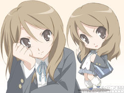  bag blazer brown_eyes brown_hair character_name chibi commentary_request copyright_name extra female jacket k-on! long_hair loose_socks multiple_views sakuragaoka_high_school_uniform school_uniform shoes skirt socks tachibana_himeko uwabaki yamano_sachi 