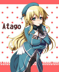  atago_(kancolle) black_gloves blonde_hair blush breasts commentary_request female gloves green_eyes hat kantai_collection kumao_mofumofu large_breasts long_hair looking_at_viewer military pantyhose smile solo uniform 