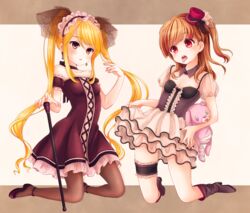  2girls amari_akari anklet bare_shoulders blonde_hair breasts brown_eyes brown_hair cane center_frills commentary_request corset cross-laced_clothes dress earrings frilled_skirt frills full_body girlfriend_(kari) hat ixym jewelry kneeling maid_headdress mini_hat mini_top_hat multiple_girls one_side_up open_mouth pantyhose puffy_short_sleeves puffy_sleeves red_dress red_eyes see-through short_sleeves simple_background skirt small_breasts stuffed_animal stuffed_toy tokitani_koruri tongue tongue_out top_hat twintails 